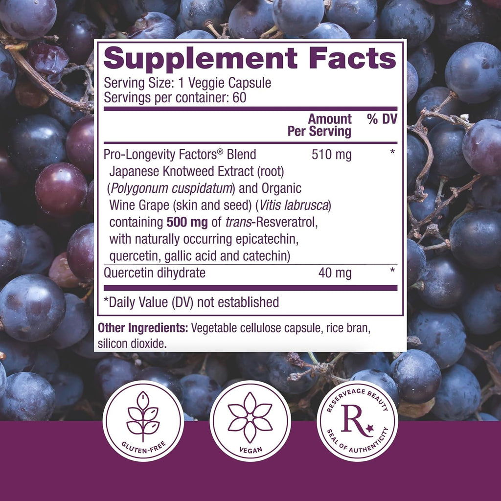 Buy now Reserveage Beauty, Resveratrol 500 mg, Antioxidant Supplement for Heart and Cellular Health, Supports Healthy Aging and Immune System, Paleo, Keto, 60 Capsules at indiglob india