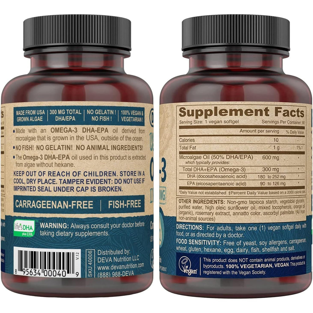 Buy now DEVA Vegan Omega-3 DHA EPA Supplement Once-Per-Day Softgel 300 MG - Carrageenan Gelatin & Gluten Free - Non-Fish Algae Oil Fatty Acids - 90 Softgels at indiglob india