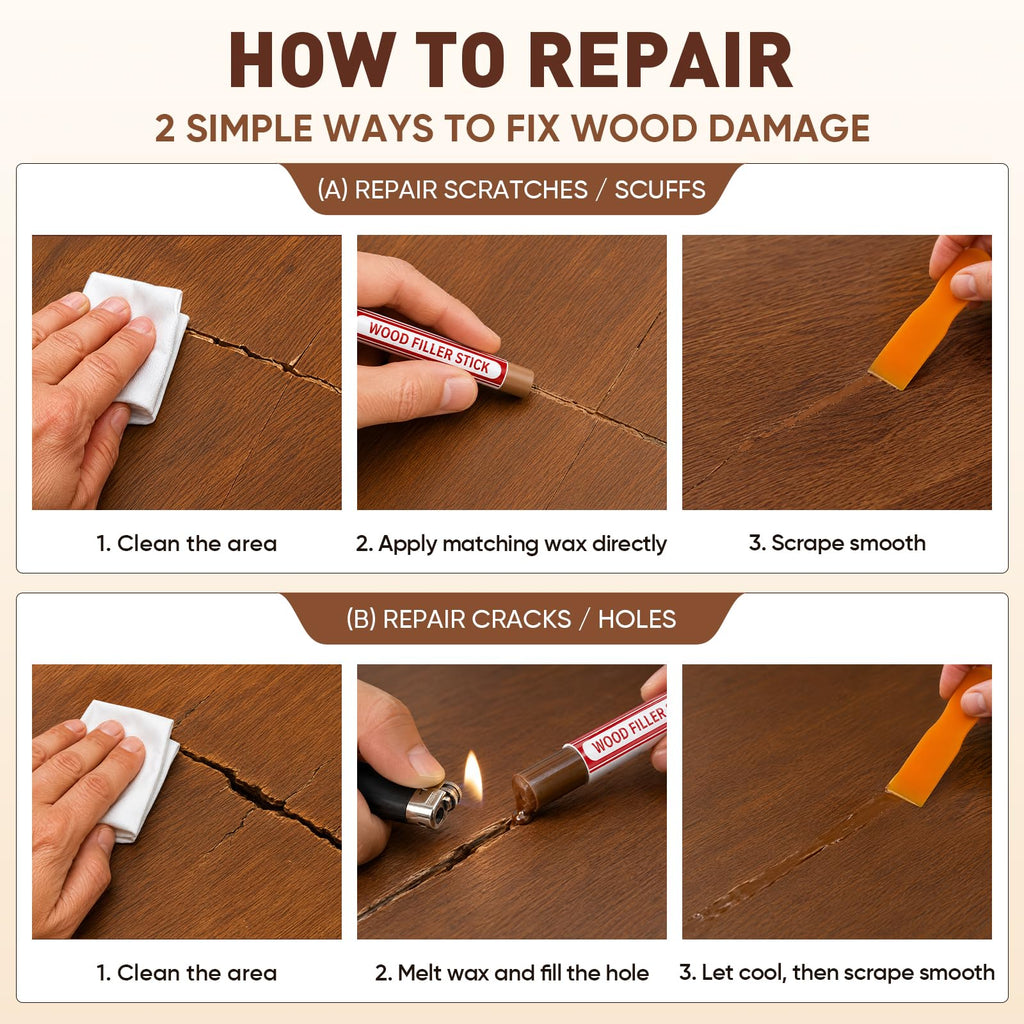 24 Colors Wood Filler Sticks, Furniture Repair Wax Crayons, Wood Floor Scratch Repair Crayon for Scratches, Scuffs, Cracks, Nail Holes & Stains on Wood Floors, Cabinets, Tables and Doors
