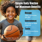 Youth Athletic Gummies – Kids Multivitamin Gummies with Essential Nutrients, Immune & Energy Support, Vegan & Gelatin-Free, Includes Vitamins A, C, B3, B12, Omega-3, Zinc – Ages 5-18