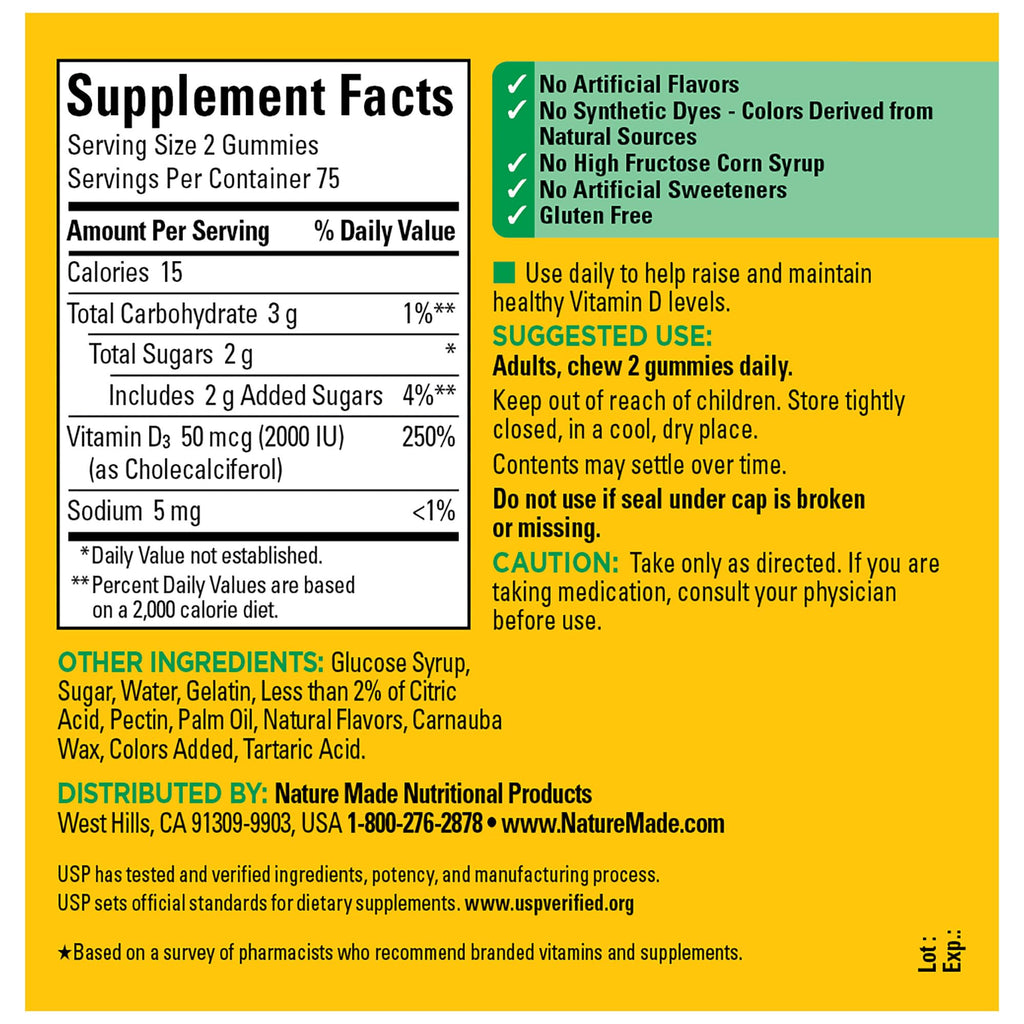 Nature Made Vitamin D3 2000 IU Per Serving Gummies,Bone,Teeth,Muscle and Immune Health Support,75 Day Supply,150 Vitamin D Gummies for Adults,(Pack of 2)