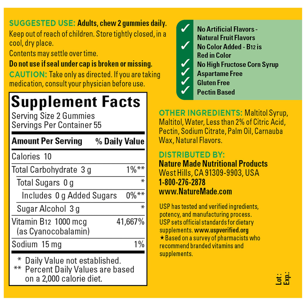 Nature Made Zero Sugar Energy Vitamin B12 Gummies, 110 Sugar Free Gummies | B12 Vitamin 1000 mcg per Serving, Energy Metabolism Support, Aspartame Free, Raspberry Flavor, 55 Day Supply