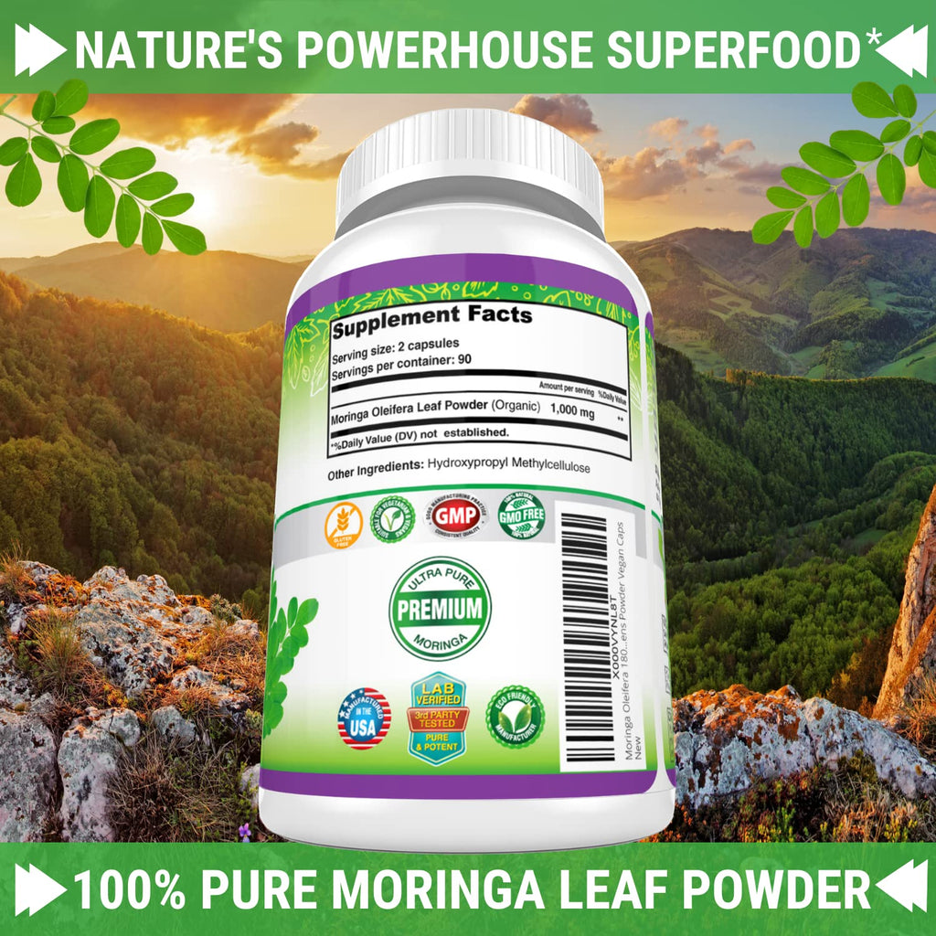 FRESH HEALTHCARE Moringa Capsules - 100% Pure Leaf Powder Supplement, 180 Pills, Non-GMO, 3 Month Supply, Complete Green Superfood for Energy, Skin, Immune and Gut Health Support