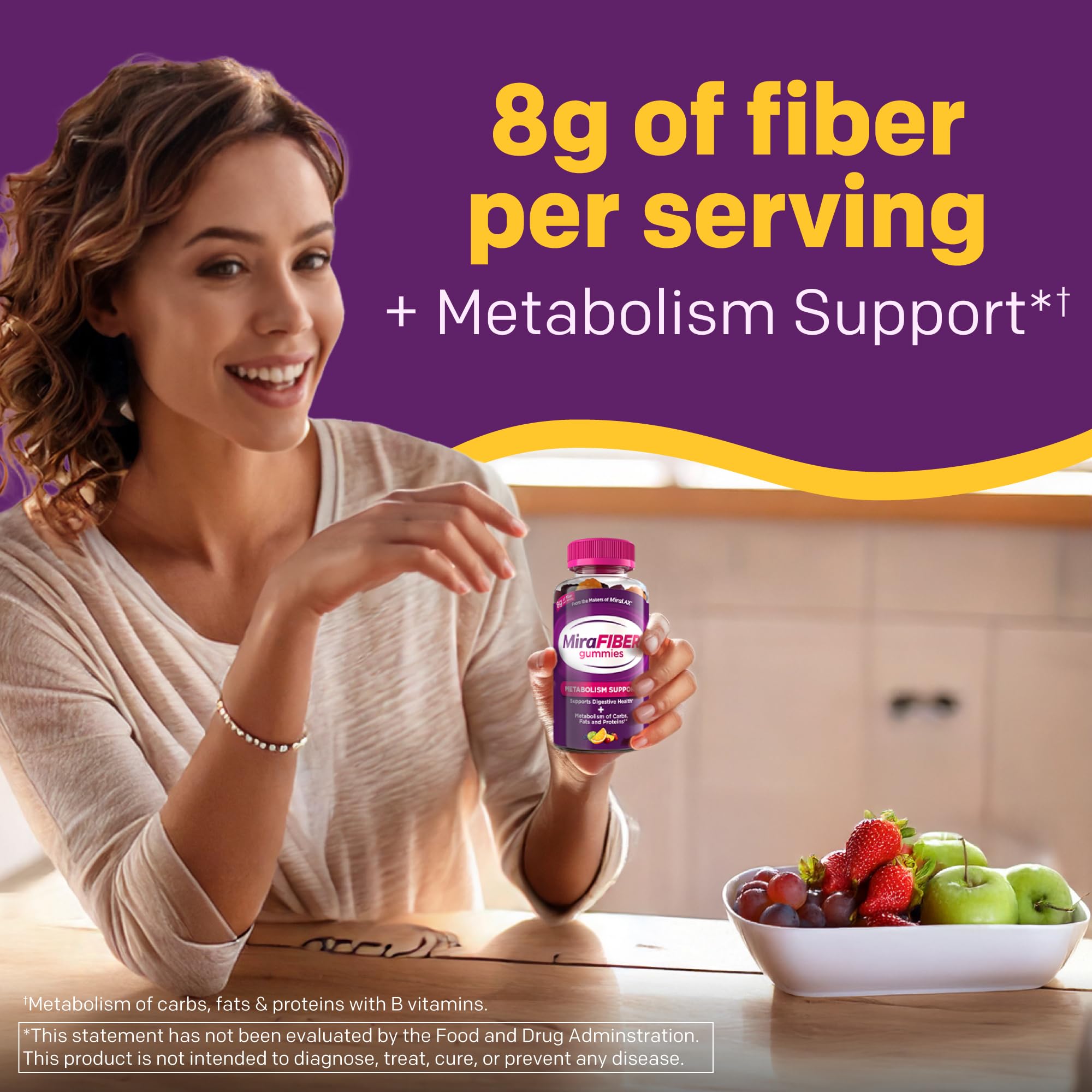MiraFIBER Gummies, from The Makers of MiraLAX, 8g Per Serving, with B Vitamins, Metabolism Support, Gut Health for Men & Women, Prebiotic Fiber Gummies for Adults, Mixed Fruit Flavor 72Ct