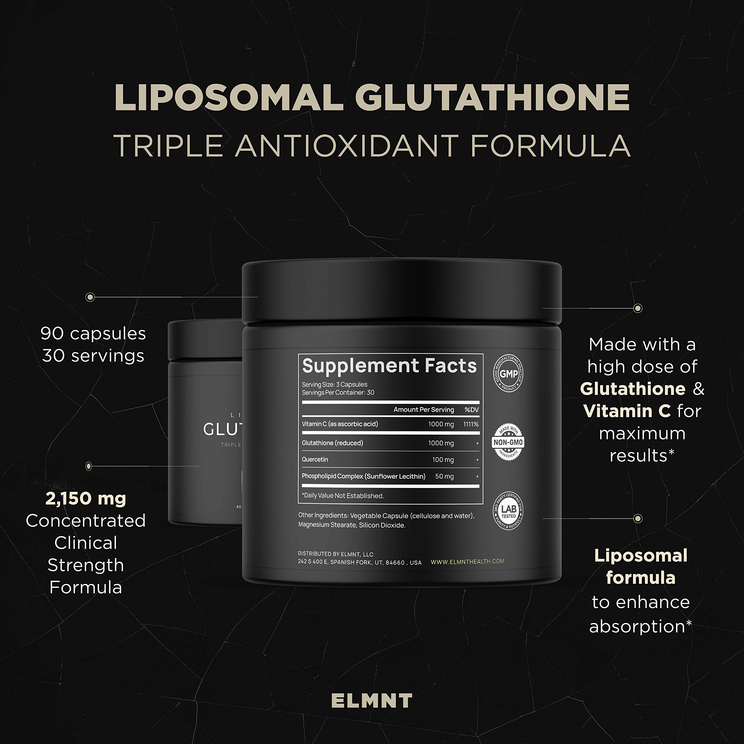 2150mg Super Liposomal Glutathione Supplement w. Vitamin C, Quercetin & Pure L Glutathione 2000mg Triple Action Formula Glutathione Liposomal Supplement w. Phospholipid Layer - 90 Pills, Non-GMO