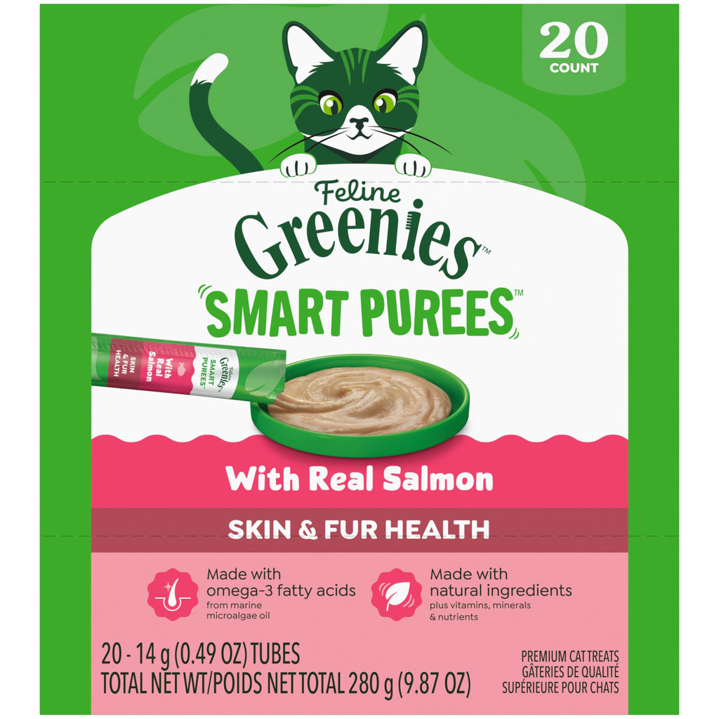 Greenies Feline Smart Purees Skin & Fur Health Lickable Cat Treats with Real Salmon, 0.49 oz. Tubes, 20 Count