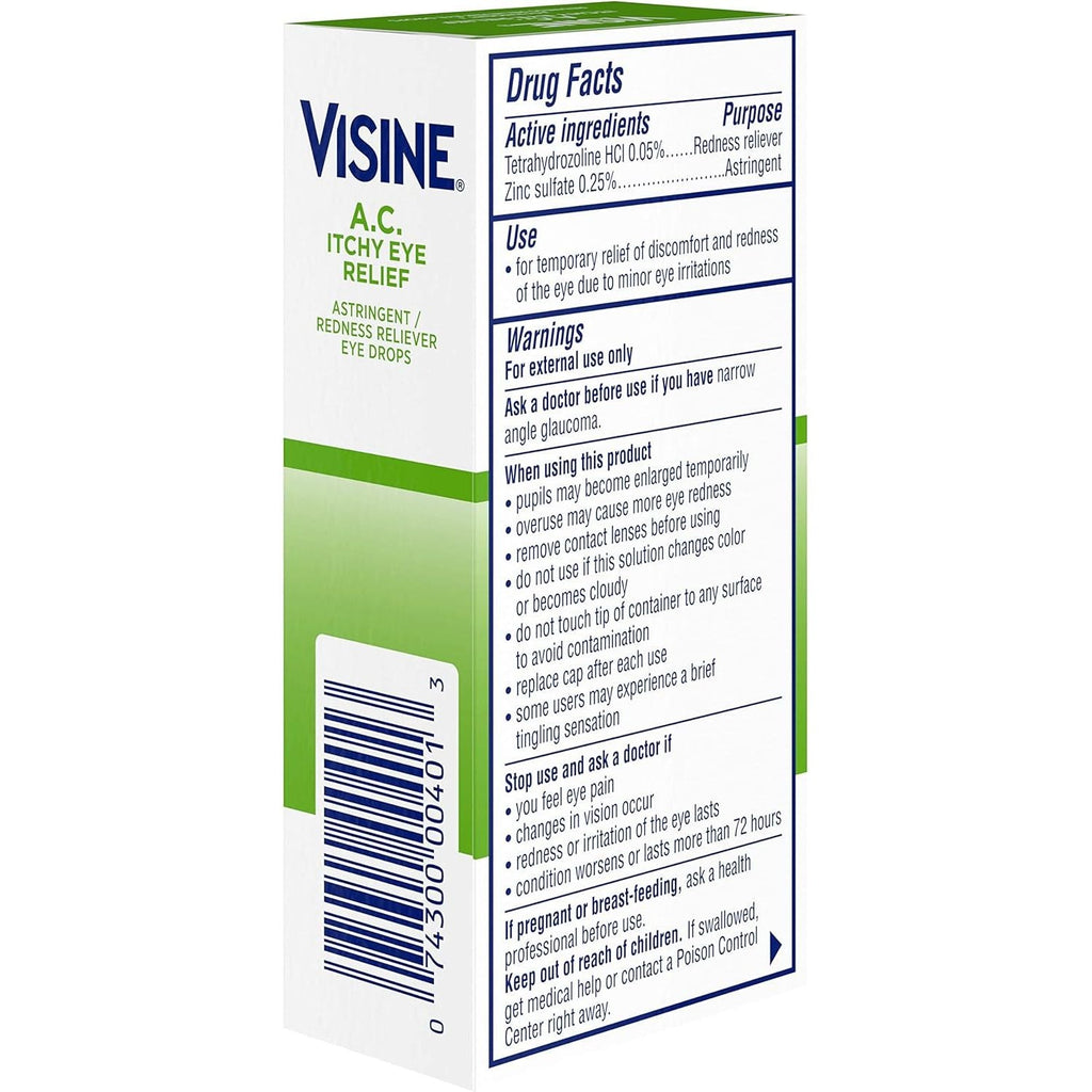 Buy now Visine A.C. Itchy Eye Relief Eye Drops with Zinc Sulfate & Tetrahydrozoline HCl, Eye Drop Treatment with Redness Reliever & Astringent for Itchy, Red, Watery & Irritated Eyes, 0.5 fl. oz at indiglob india