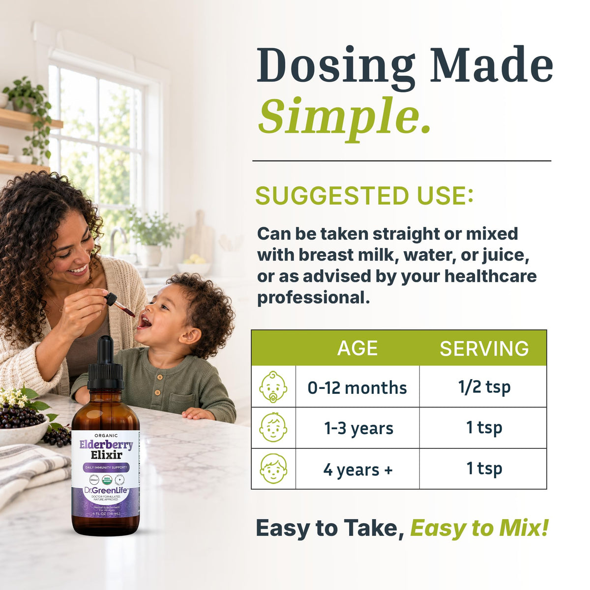 Dr. Green Mom Elderberry Syrup Organic — Elderberry Elixir for Babies, Toddlers & Kids — Cold & Flu Organic Liquid Drops — No Honey — High Potency — Newborn Infant Immune Support & Boost — 4 fl. oz
