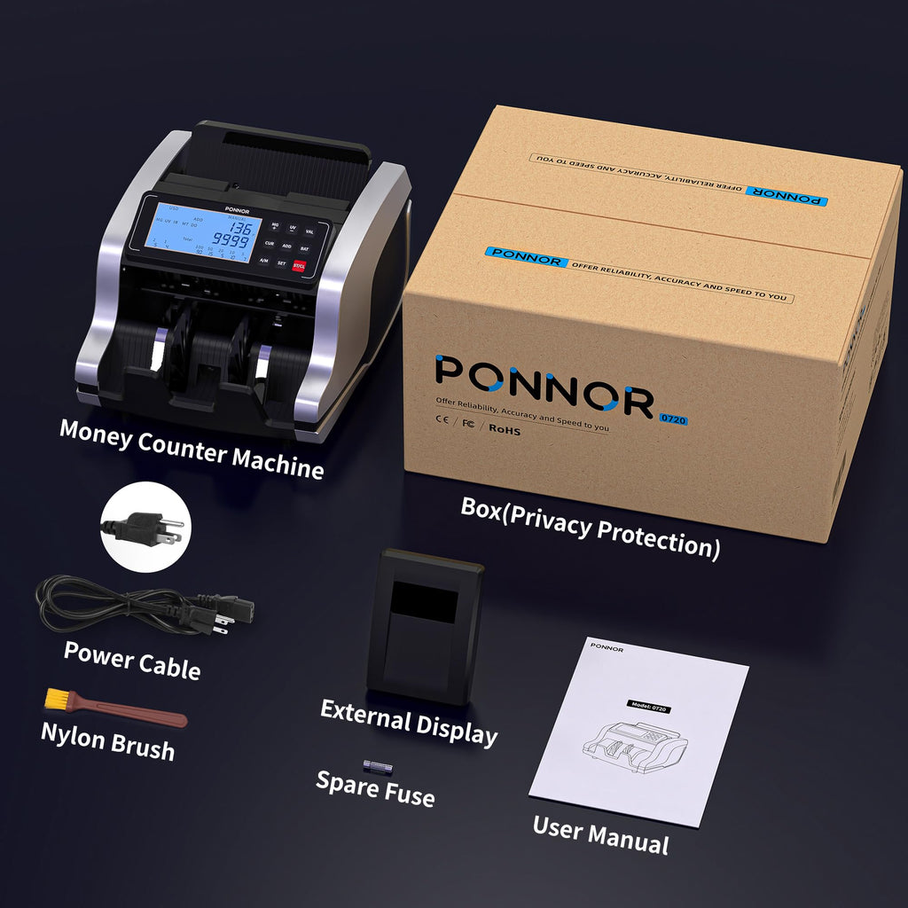PONNOR Money Counter Machine with Value Count, UV/MG/IR/MT/DD Counterfeit Bill Detection, Dollar Euro Cash Counter with Count/Add/Batch/Auto Modes, External LCD Display