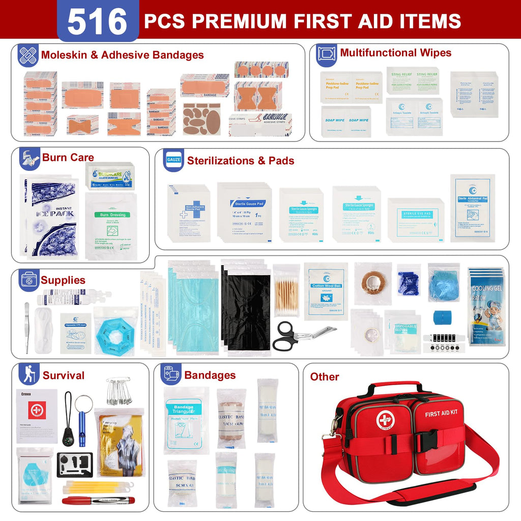 516 Piece First Aid Kit for Car, Travel & Home, FSA Eligible HSA Items - Large Professional Waterproof Compact Labeled Emergency Kit with Molle Shoulder Strap for Camping, Hiking & Survival