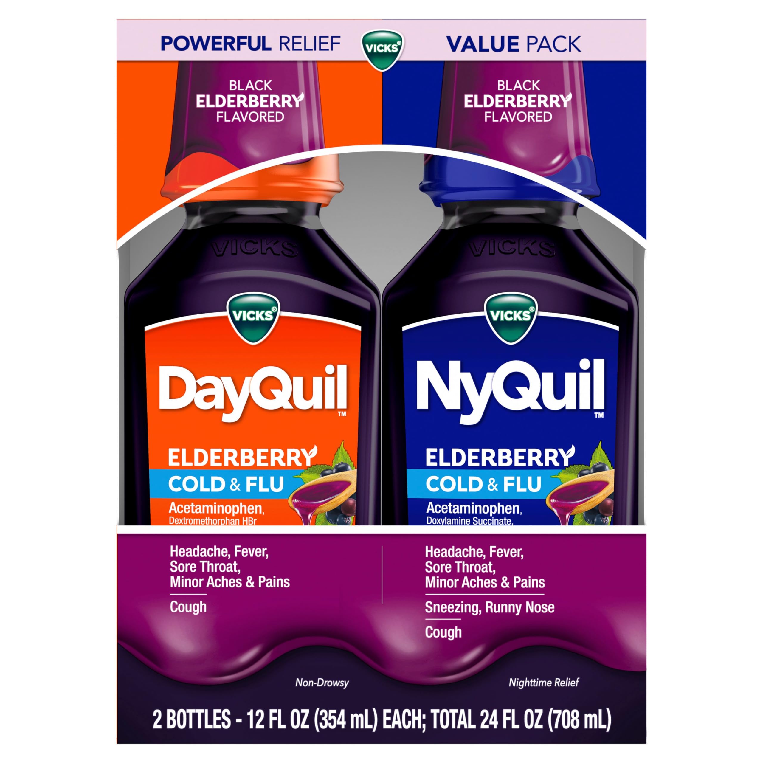 Buy now VICKS DayQuil & NyQuil Elderberry Flavor Cold & Flu Liquid Medicine Co-Pack, Multi-Symptom Relief of Headache, Fever, Sore Throat, Minor Aches & Pains, Sneezing, Runny Nose, and Cough, 2x12oz at indiglob india
