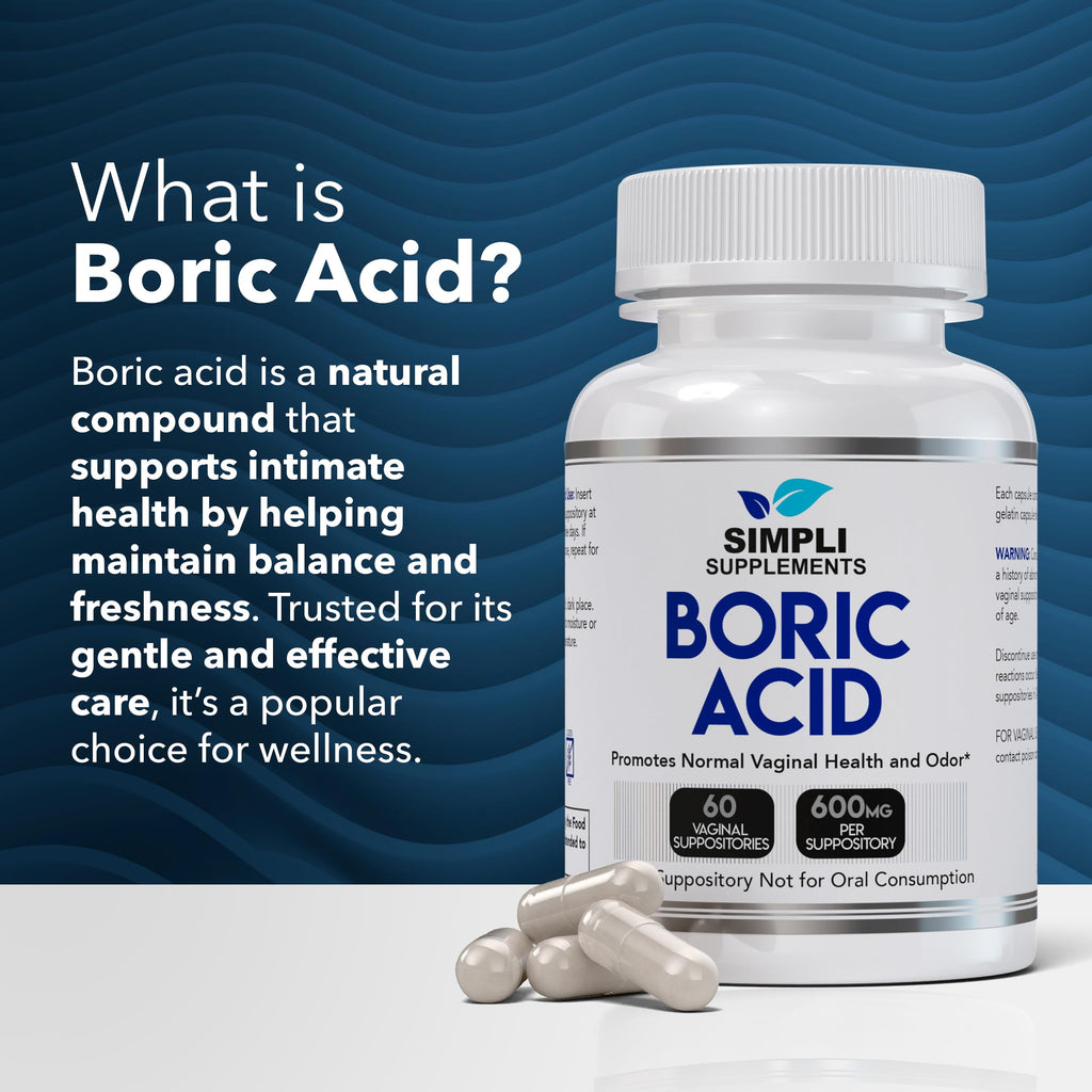 Simpli Supplements Boric Acid Suppositories for Women 600mg | 60 Count | Feminine Hygiene Support | Vaginal pH Balance & Freshness