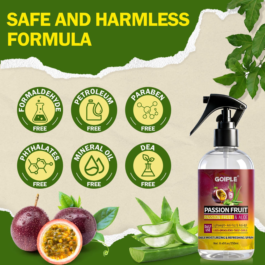 Goiple Loc Moisturizing Spray for Dull, Dry Locs - Daily Passion Fruit Hair and Scalp Moisturizer for Dreadlocks, Microlocks, Braids- Refreshing Moisturizer Loc Spray for Anti-frizz (8.45fl oz)