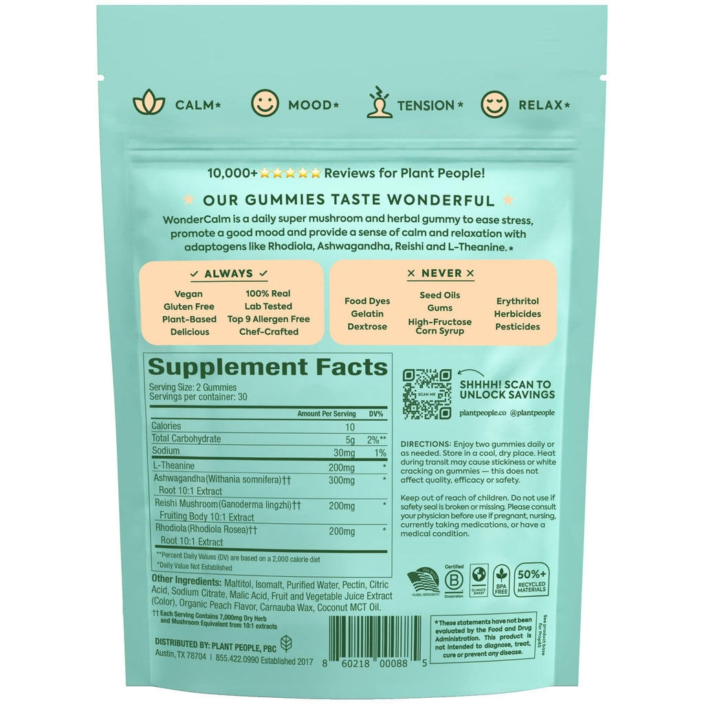 Plant People WonderCalm Mushroom & Ashwagandha Gummies, Peach Flavor 60ct | Natural Calm Gummies to Ease Stress & Boost Mood for Adults Without Sugar, Gluten or Artificial Colors, Vegan-Friendly