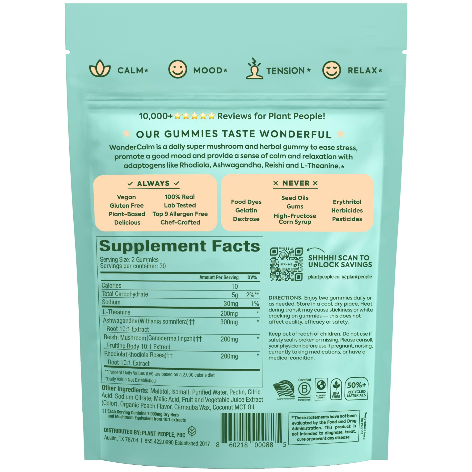 Plant People WonderCalm Mushroom & Ashwagandha Gummies, Peach Flavor 60ct | Natural Calm Gummies to Ease Stress & Boost Mood for Adults Without Sugar, Gluten or Artificial Colors, Vegan-Friendly