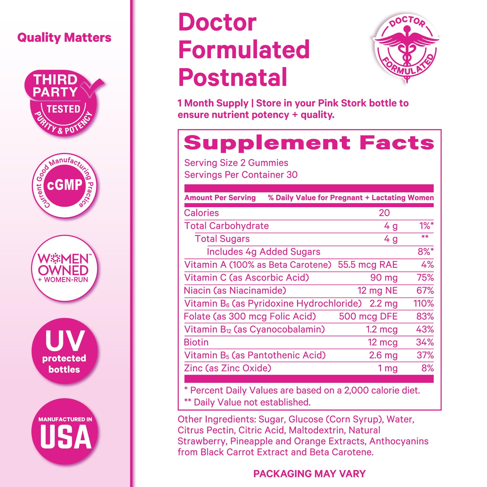 Pink Stork Total Postnatal Vitamin Gummies, 60 Count | Multivitamin for Postpartum Recovery, Lactation Support, Folic Acid, B6, Zinc, + Vitamin C, Postpartum Essentials