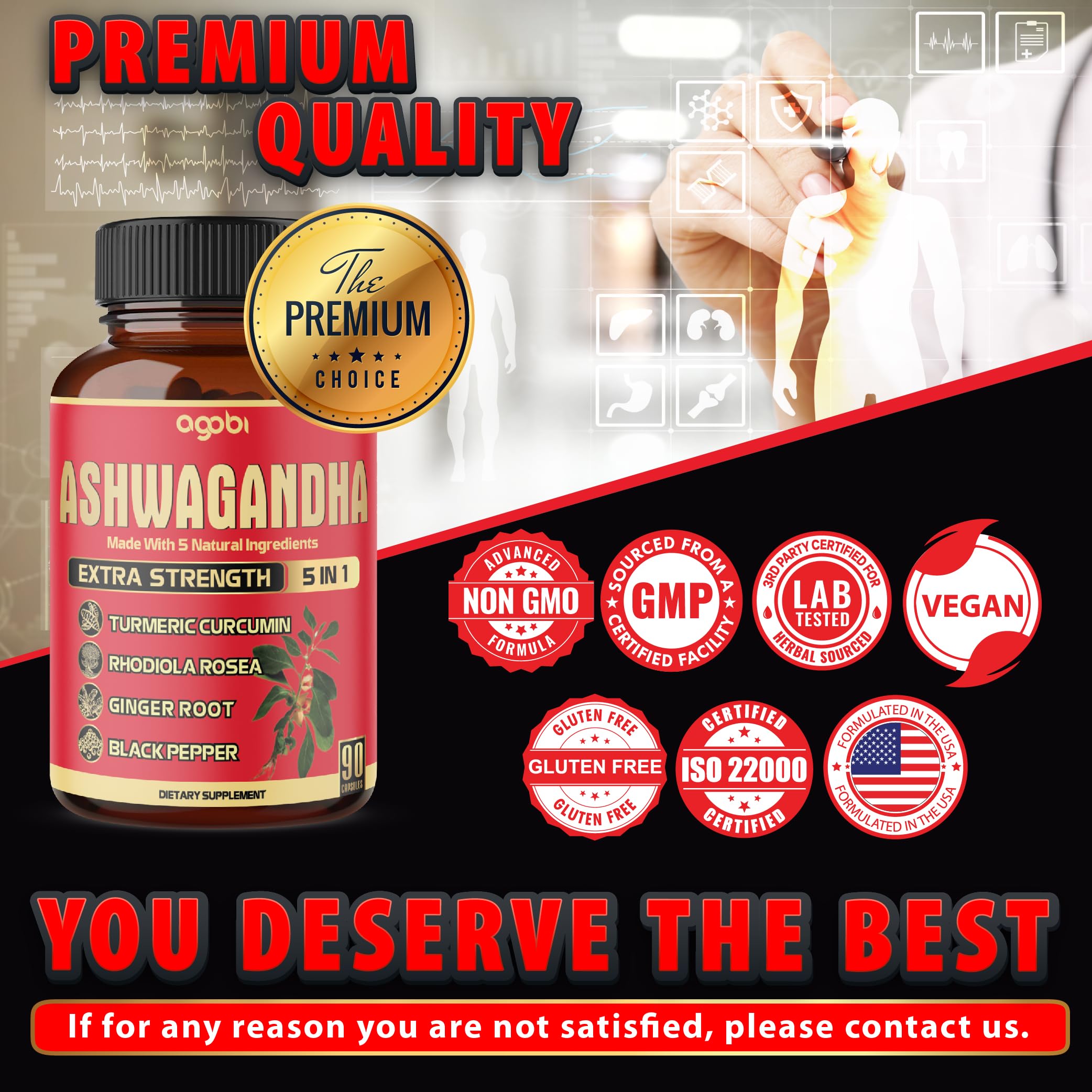 90 Capsules - Ashwagandha Supplement Capsules - Ginger Root, Turmeric, Rhodiola Rosea & Black Pepper