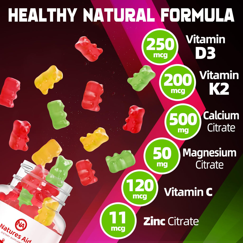 Natures aid Sugar-Free Vitamin D3 K2 Gummies with Calcium + K2 (MK-7), Magnesium Citrate, Vitamin C, Extra Strength - Ultimate Absorption for Bone Muscle Teeth Immune, Vegan - 120 Gummies