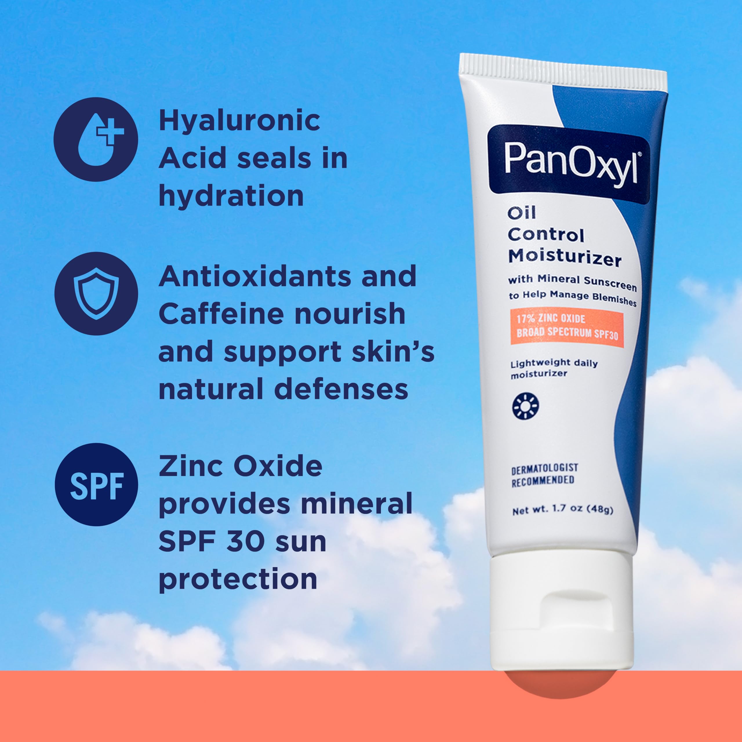 PanOxyl Oil Control Moisturizer, 17% Zinc Oxide, SPF 30, 1.7 oz | Daily Moisturizer with Mineral Sunscreen, Absorbs Excess Oil & Reduces Shine, Sheer/Matte Finish, For Acne Prone & Oily Skin