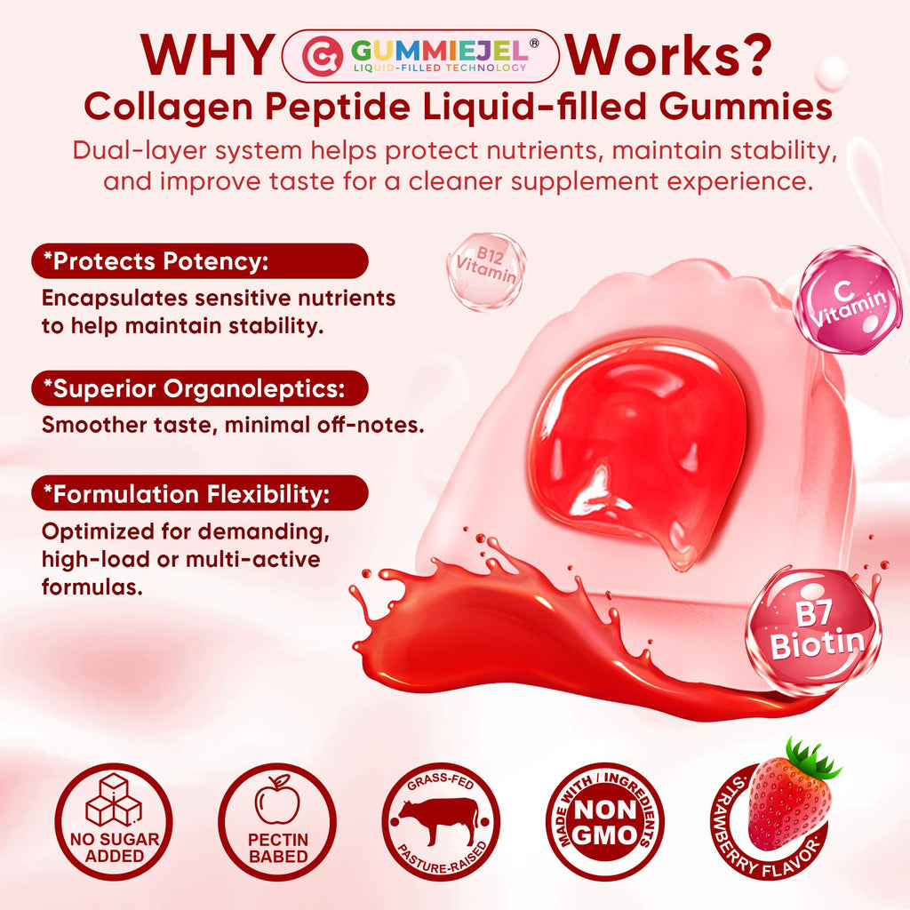 2Pack Sugar-Free Hydrolyzed Collagen Peptide Filled Gummies for Women & Men, with 1500mg Protein Type I,II,III,V,X, 5000mcg Biotin Vitamin C A E D3 B6 B12 for Immune Digestion Skin Hair Nails, Bone