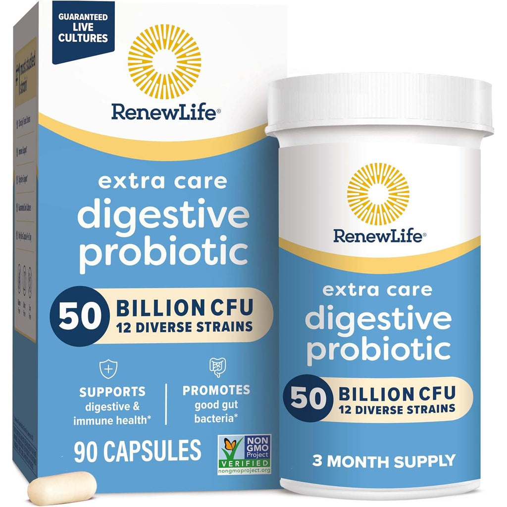Buy now Renew Life Extra Care Digestive Probiotic Capsules, 50 Billion CFU Guaranteed, Daily Supplement Supports Immune, Digestive, Respiratory Health(1), L. Rhamnosus GG, Dairy, Soy and Gluten-Free, 90 Count at indiglob india