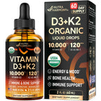 Vitamin D3 K2 USDA Organic Drops - Vitamin D3 10000 IU & K2 120mcg - 2 OZ | Immune & Mood Support, Bone & Teeth Health - Sugar-Free, Orange Flavor - Liquid Supplement for Men & Women - 60-Day Supply