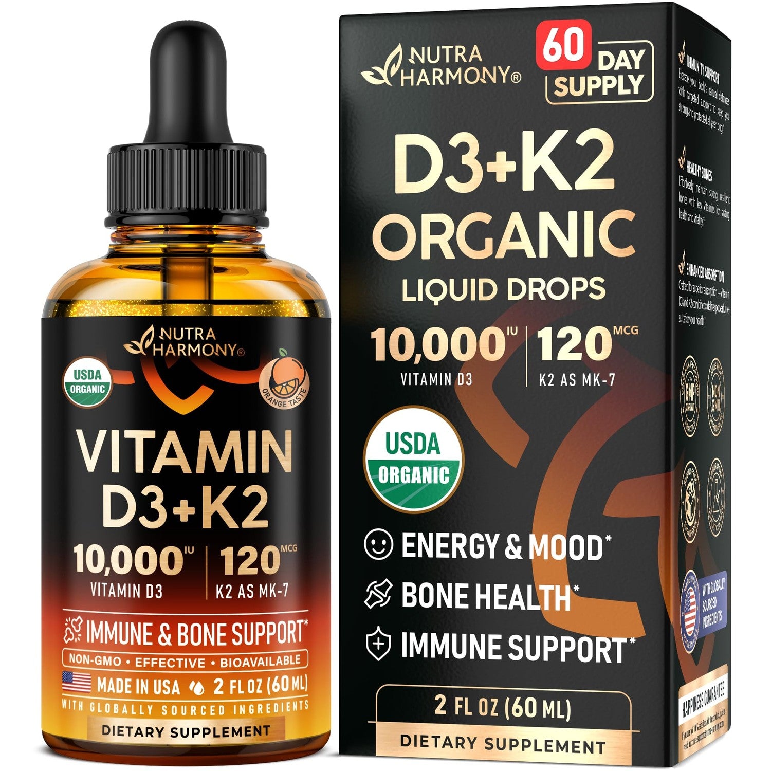 Vitamin D3 K2 USDA Organic Drops - Vitamin D3 10000 IU & K2 120mcg - 2 OZ | Immune & Mood Support, Bone & Teeth Health - Sugar-Free, Orange Flavor - Liquid Supplement for Men & Women - 60-Day Supply