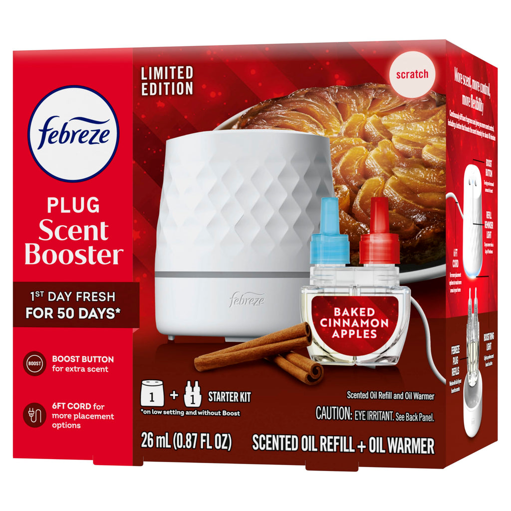 Febreze Plug Scent Booster Starter Kit, Oil Diffuser, Air Freshener Plug in, Continuous Scent, 2 Devices + 2 Baked Cinnamon Apple Refill