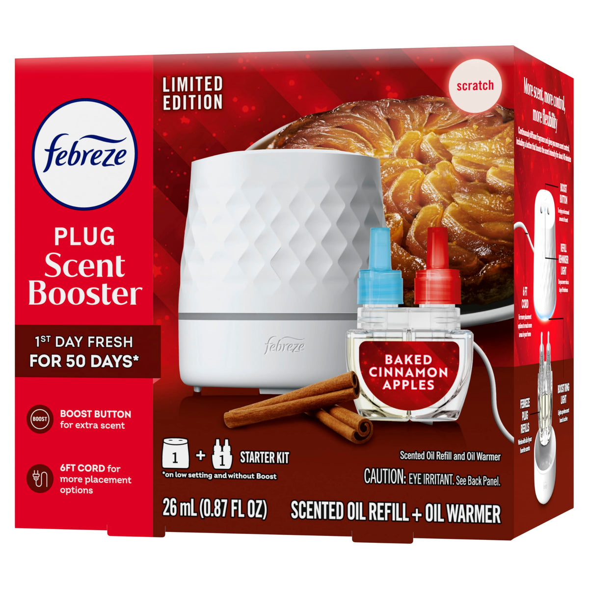 Febreze Plug Scent Booster Starter Kit, Oil Diffuser, Air Freshener Plug in, Continuous Scent, 2 Devices + 2 Baked Cinnamon Apple Refill
