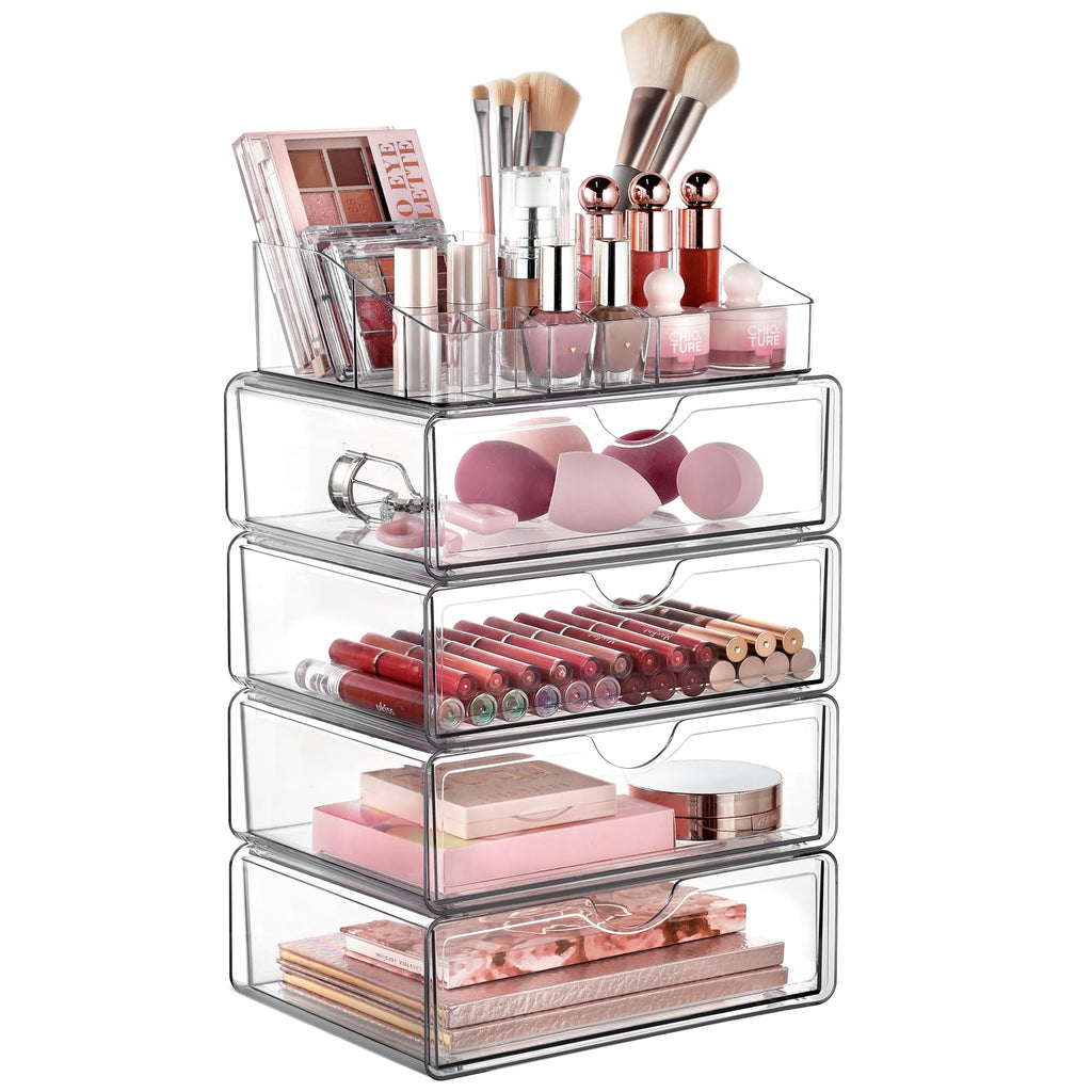 Vtopmart 5 Tier Clear Makeup Organizer with 6 Drawers | Smart Storage Layout, Clear for Better Visibility, Stackable, Large Capacity, for Makeup Lipstick Brush Skincare