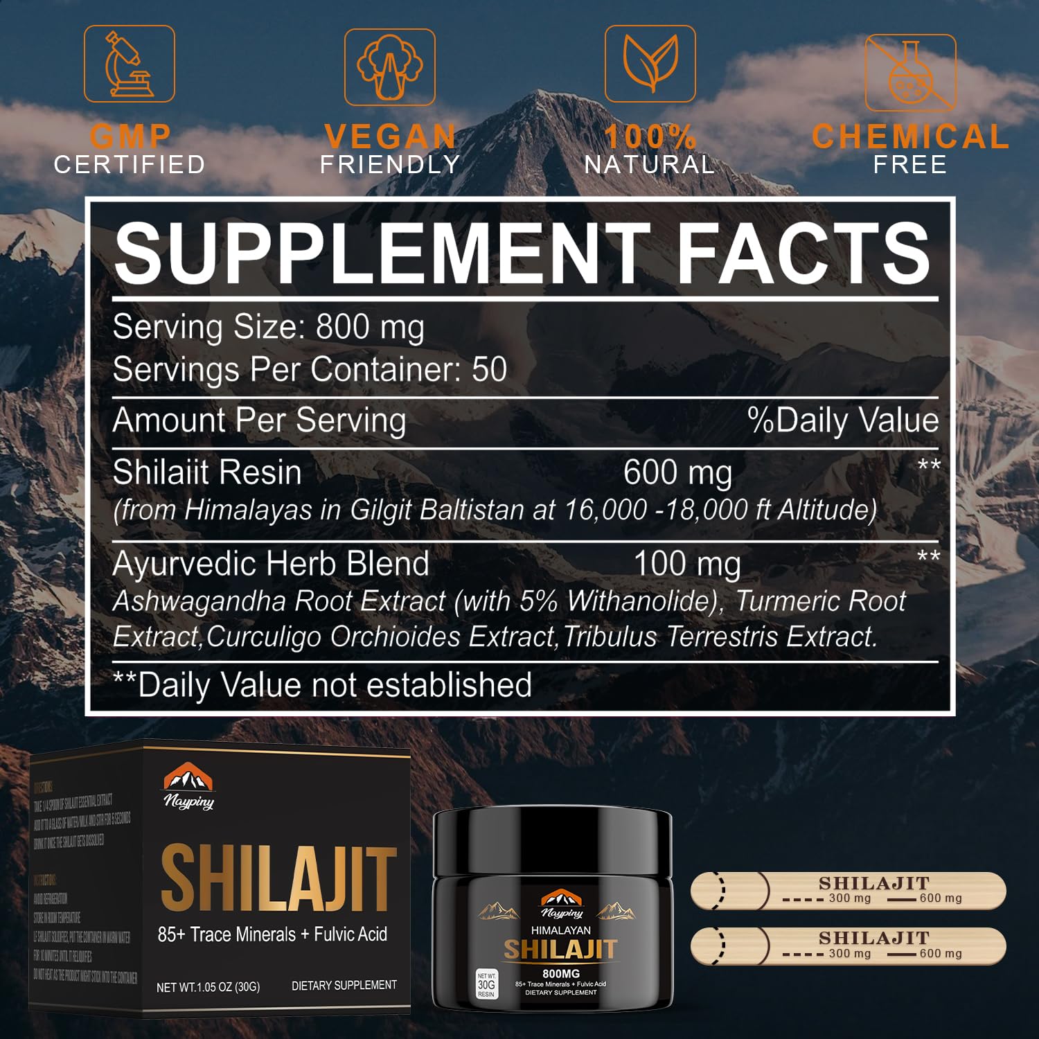 Shilajit Pure Himalayan Organic Resin - 800mg Gold Grade Shilajit Resin with Fulvic Acid & 85+ Trace Minerals Complex for Energy, Strength & Immunity, Shilajit for Men & Women, 800mg