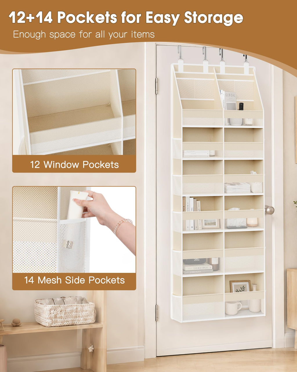 Criusia Over the Door Organizer, Extra Large 12 Compartments Closet Hanging Storage with 14 Mesh Pockets, 85lbs Capacity Behind the Door Storage for Baby Nursery, Bathroom, Bedroom, and Dorm, Beige
