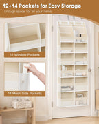 Criusia Over the Door Organizer, Extra Large 12 Compartments Closet Hanging Storage with 14 Mesh Pockets, 85lbs Capacity Behind the Door Storage for Baby Nursery, Bathroom, Bedroom, and Dorm, Beige