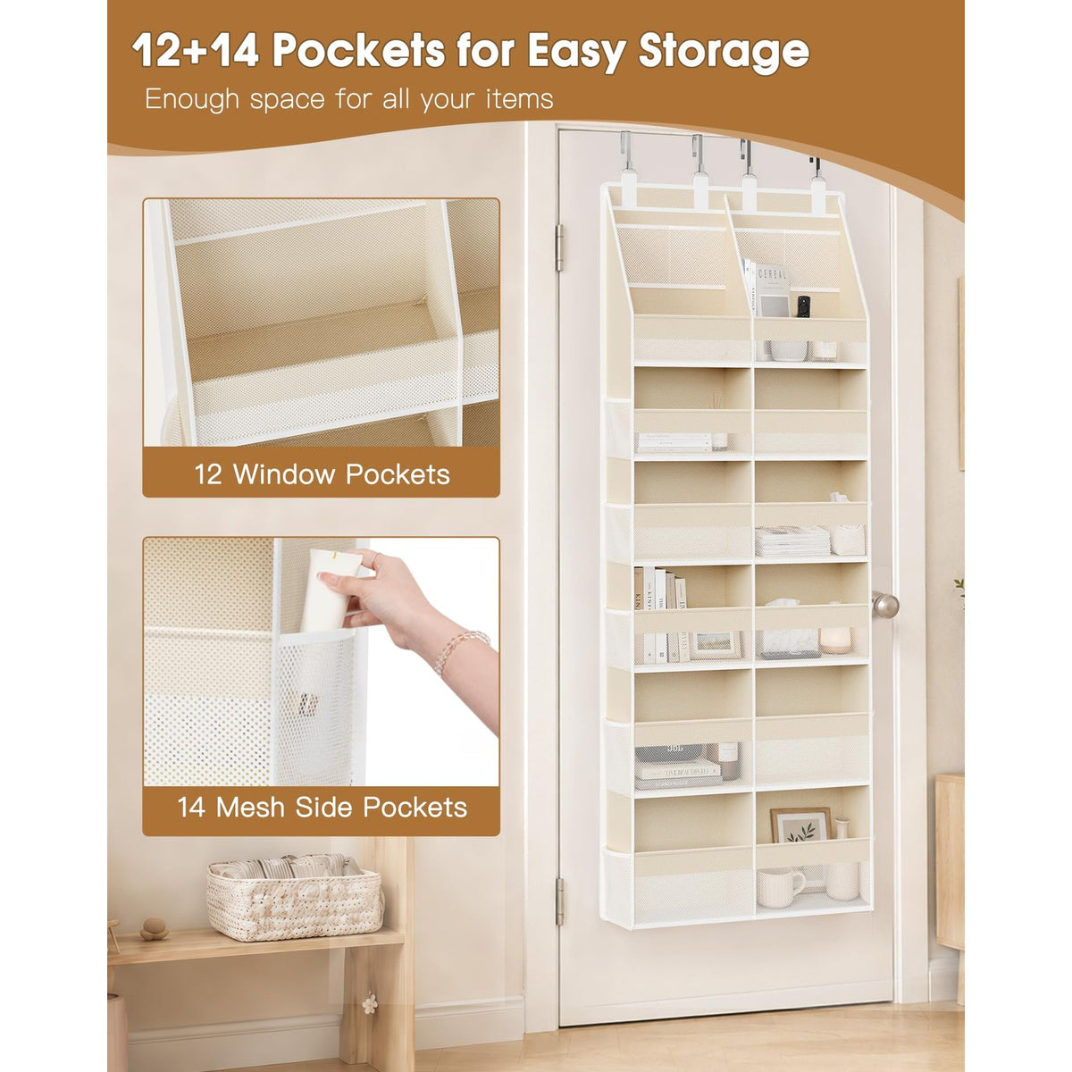 Criusia Over the Door Organizer, Extra Large 12 Compartments Closet Hanging Storage with 14 Mesh Pockets, 85lbs Capacity Behind the Door Storage for Baby Nursery, Bathroom, Bedroom, and Dorm, Beige
