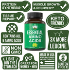 All 9 Essential Amino Acids Supplement. Capsules with 3X More Leucine | Muscle Recovery, Growth. EAA Supplement Better Than BCAA / BCAAS Branched Chain Aminos Acid. USA Tested EAAs for Men + Women