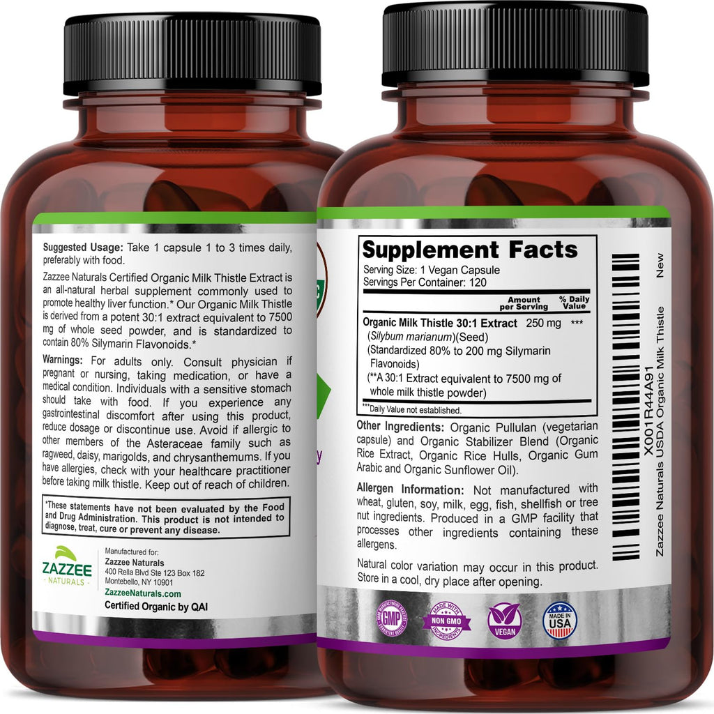 Zazzee USDA Organic Milk Thistle 30:1 Extract, 80% Silymarin, 120 Capsules | Vegan, 4 Month Supply, Certified Kosher, High Potency Liver & Antioxidant Support, Silybum Marianum, Non-GMO, Made in the USA