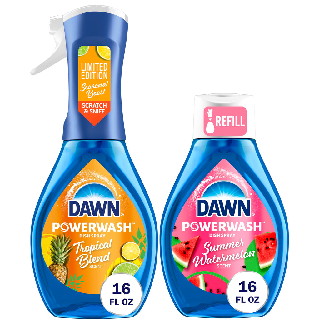 Dawn Dish Soap Spray Kitchen Household Essentials 1 Tropical Blend Starter Kit and Watermelon Refill Combo Pack, 16 oz (each)