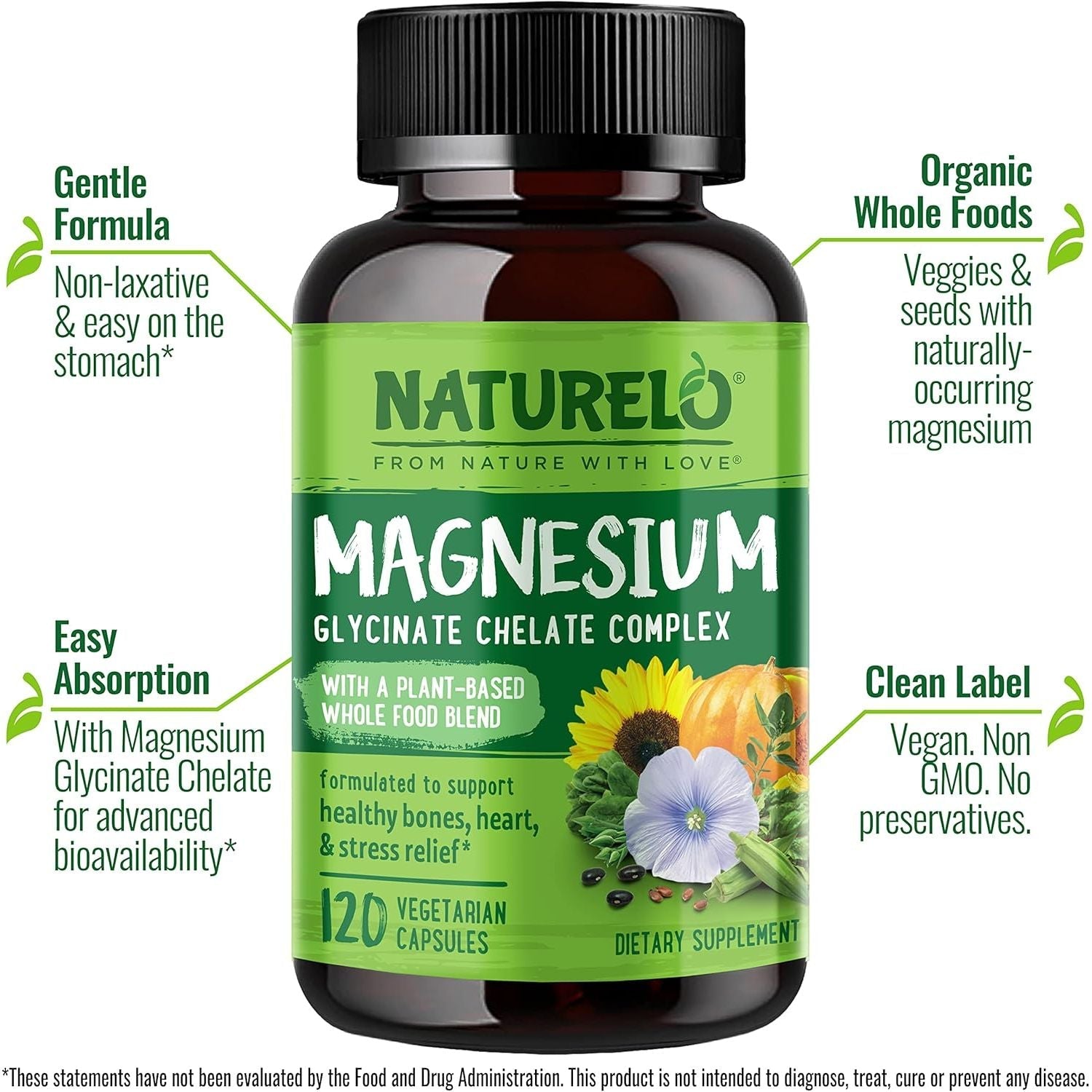 Buy now NATURELO Magnesium Glycinate Chelate Complex - 200 mg Magnesium with Organic Vegetables to Support Sleep, Calm, Muscle Cramp & Stress Relief - Gluten Free, Non GMO - 120 Capsules at indiglob india