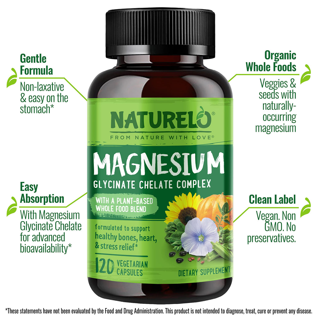 NATURELO Magnesium Glycinate Chelate Complex - 200 mg Magnesium, 120 Count | Support Sleep, Calm, Muscle Cramp & Stress Relief, Gluten Free, Non GMO, with Organic Vegetables