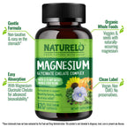 NATURELO Magnesium Glycinate Chelate Complex - 200 mg Magnesium, 120 Count | Support Sleep, Calm, Muscle Cramp & Stress Relief, Gluten Free, Non GMO, with Organic Vegetables