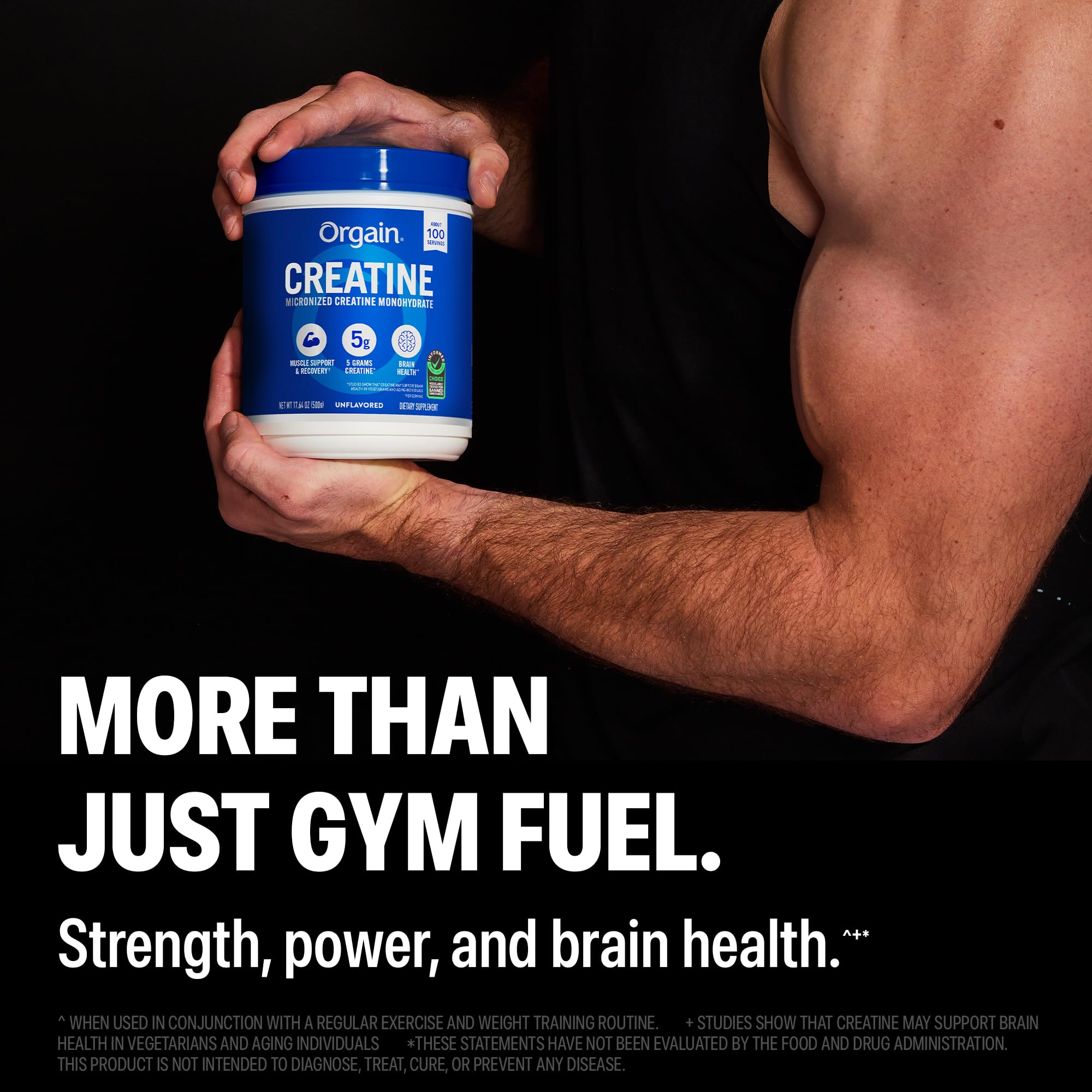 Orgain 5g Creatine Monohydrate Micronized Powder, Unflavored, 100 Servings | Creatine to support muscle growth, post workout recovery & brain health, no artificial additives, non-GMO, 17.64oz