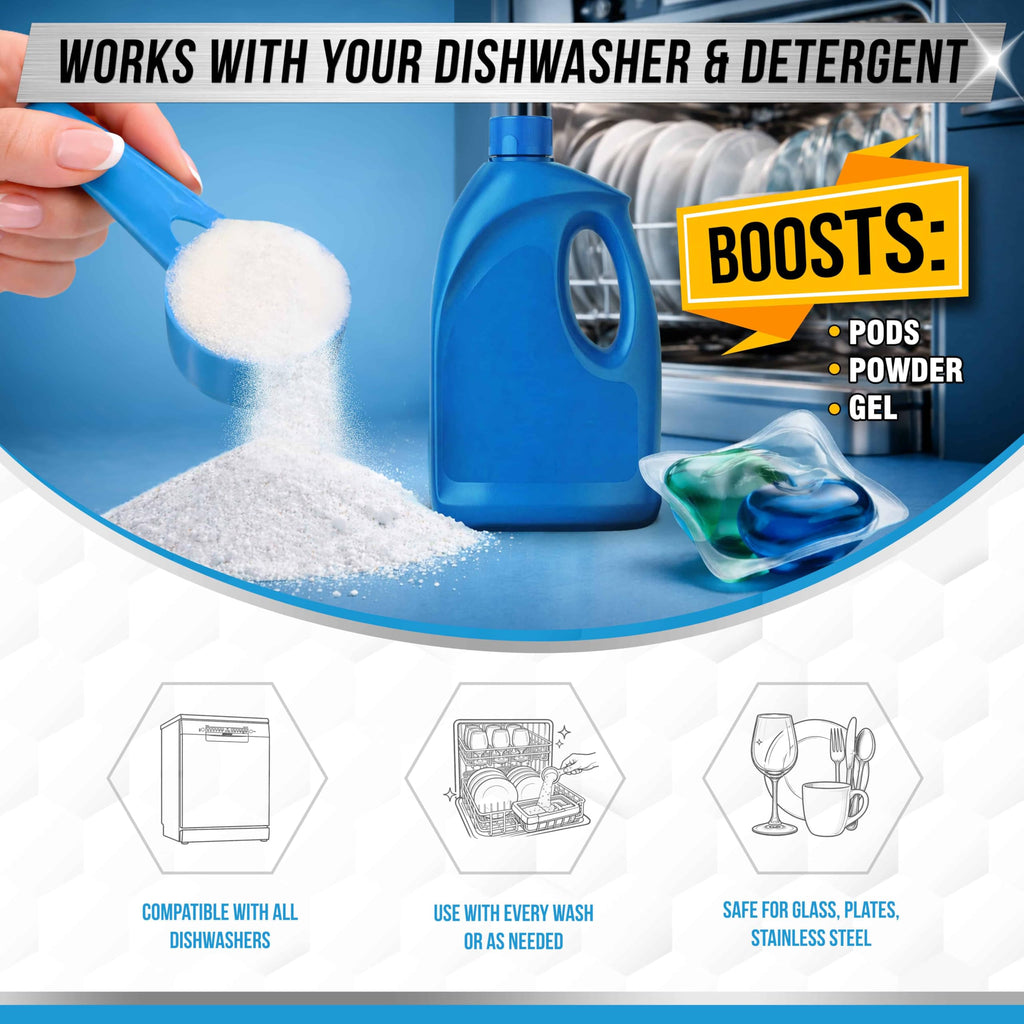 Dishwasher Detergent Booster Prewash Powder - ACTIVE Citric Acid Dishwashing Additive for Hard Water, Natural Dish Washer Shine & Rinse Aid, Lime Scale Remover for Cloudy Glassware - 64 Uses (32-oz)