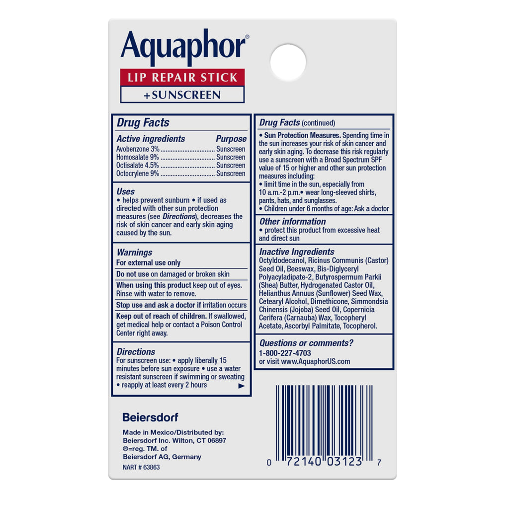 Aquaphor Lip Balm Set, Repair and Protect, 4 Lip Products Total | Lip Repair Stick (2 x 0.17 OZ), Repair Stick with Sunscreen SPF 30 (2 x 0.17 OZ) with Jojoba Oil and Shea Butter