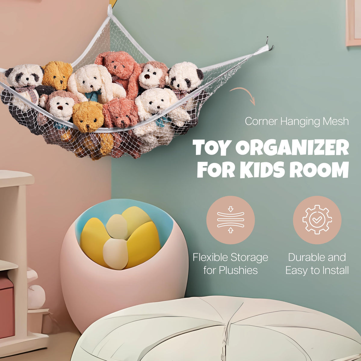 Handy Laundry Stuffed Animal Hammock Corner Net 2-Pack – Stuffed Animal Net & Mesh Toy Organizer for Kids Room – Flexible Storage for Plush Toys, Teddy Bears & Cuddly Favorites – Durable, Easy Install