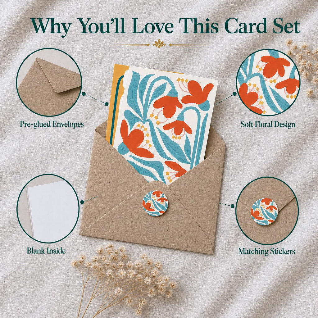 AUDREE Blank Cards with Envelopes, Modern Abstract Flowers 50 Pack