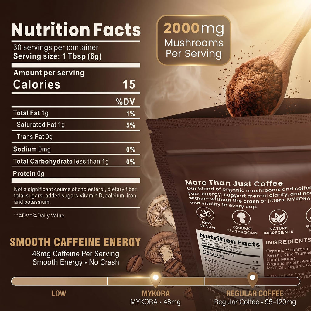 Mushroom Coffee, 2000mg Organic Instant Coffee with 6 Adaptogenic Mushrooms (Lion’s Mane & Turkey Tail), with MCT Oil & Coconut, for Focus, Energy, Digestion & Immune Support, 30 Servings
