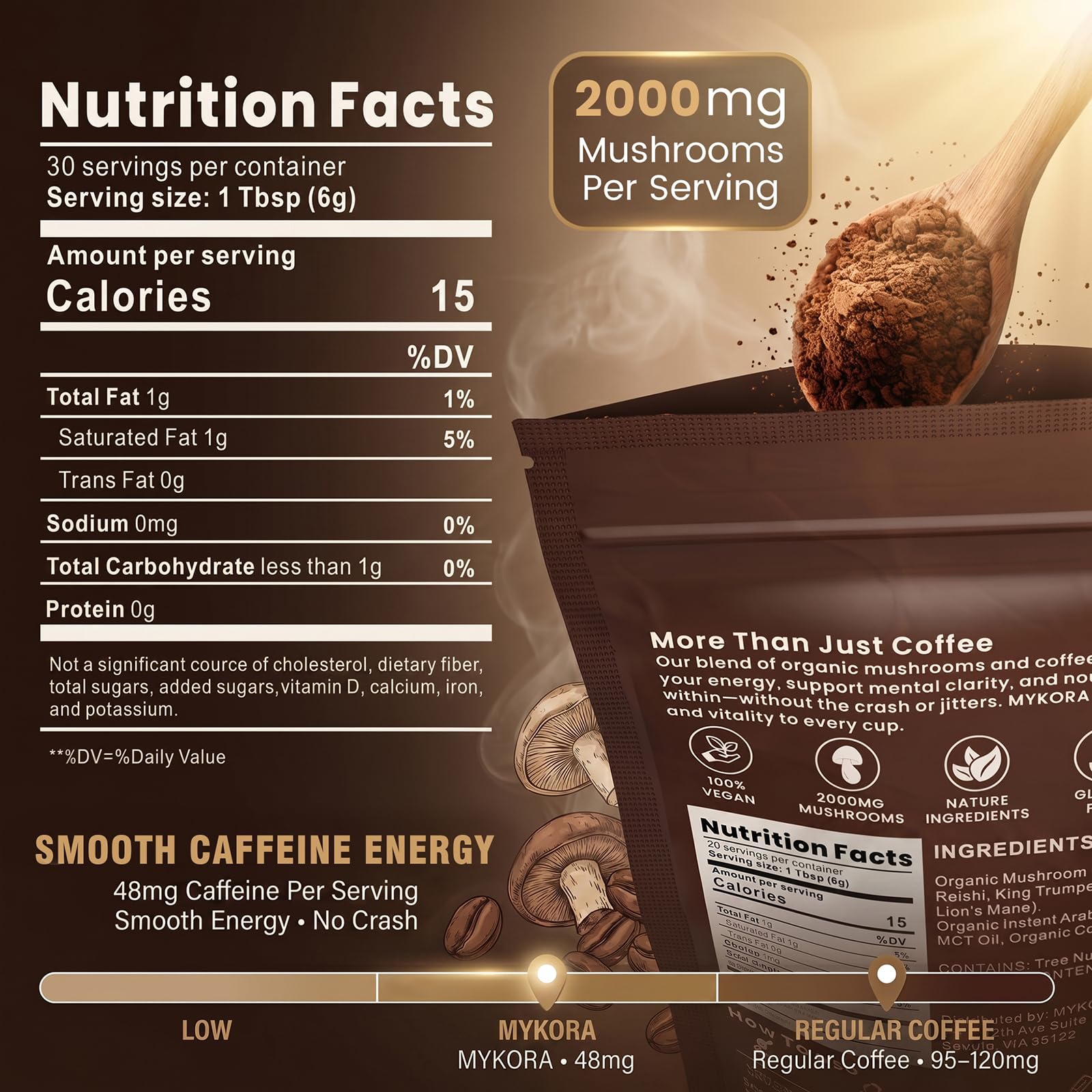 Mushroom Coffee, 2000mg Organic Instant Coffee with 6 Adaptogenic Mushrooms (Lion’s Mane & Turkey Tail), with MCT Oil & Coconut, for Focus, Energy, Digestion & Immune Support, 30 Servings