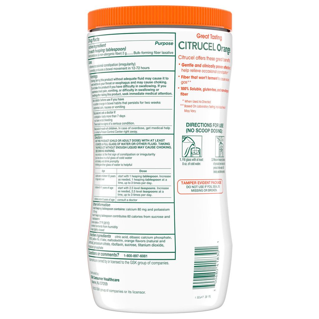 Citrucel Powder Fiber Therapy for Occasional Constipation Relief, 30 oz | Sugar Free, Methylcellulose Fiber Therapy for Irregularity That Won't Cause Gas, Orange Flavor