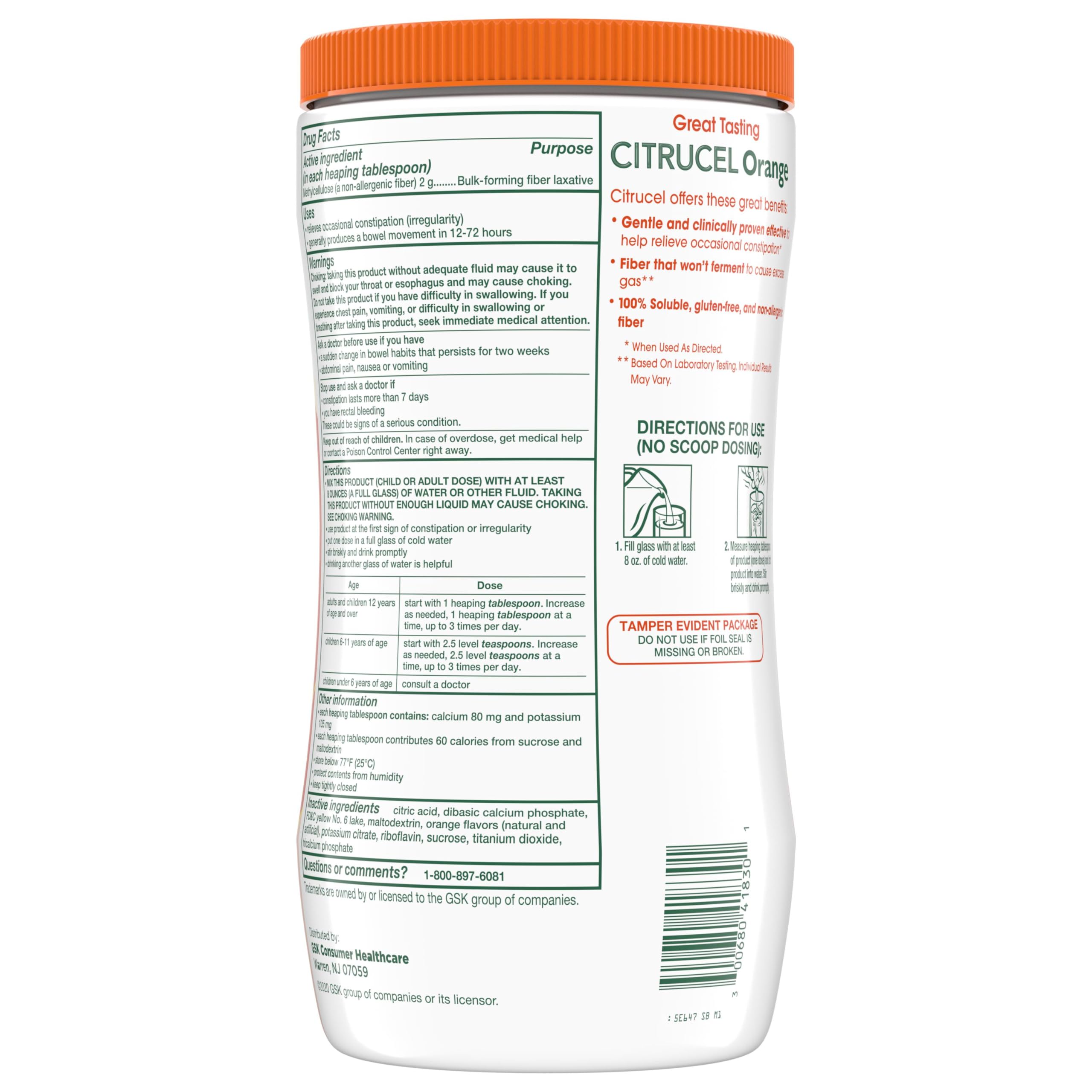 Citrucel Powder Fiber Therapy for Occasional Constipation Relief, 30 oz | Sugar Free, Methylcellulose Fiber Therapy for Irregularity That Won't Cause Gas, Orange Flavor