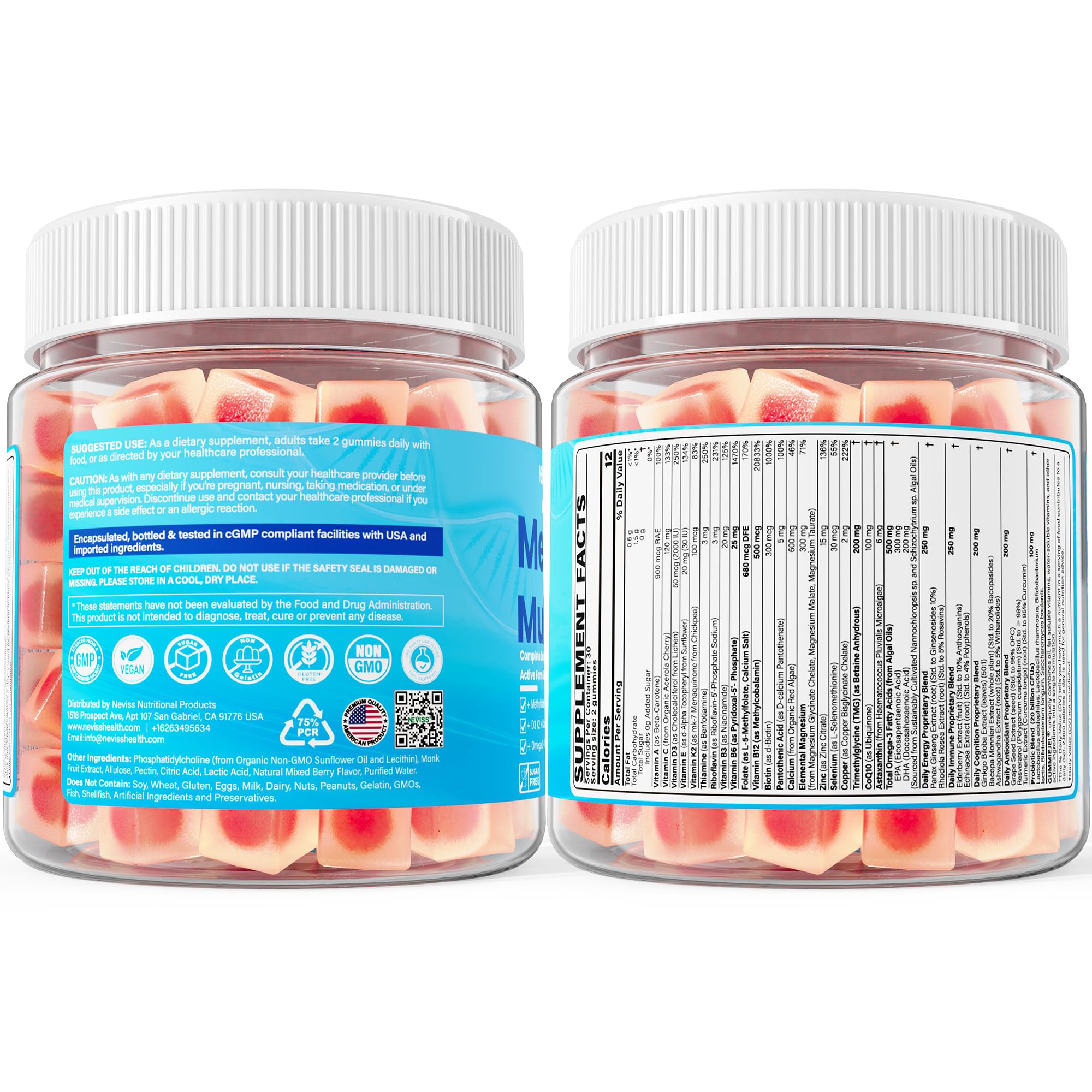 Methylated Multivitamin for Women & Men Gummies w/ Omega-3, Calcium, D3 K2, Methylfolate & B12, TMG, Daily Vitamins, Mag, CoQ10, Probiotic for 18 30 40 50 60 70+, Overall Health - Vegan, Sugar Free